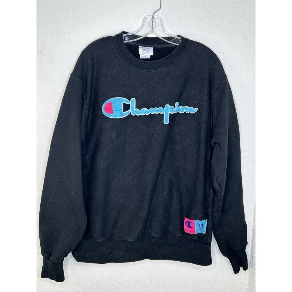 Vintage Champion Reverse Weave Sweatshirt Mens Large Black 3D Raised Logo Patch